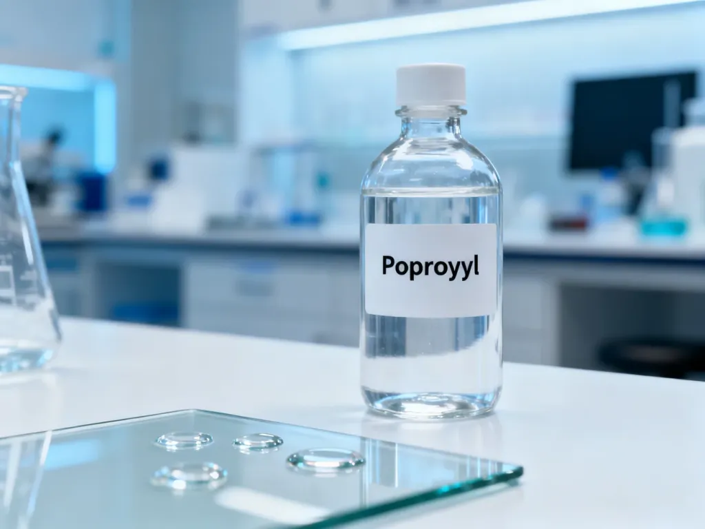 Przezroczysta butelka z alkoholem izopropylowym na laboratoryjnym stole, podkreślająca sterylność i profesjonalne zastosowanie.