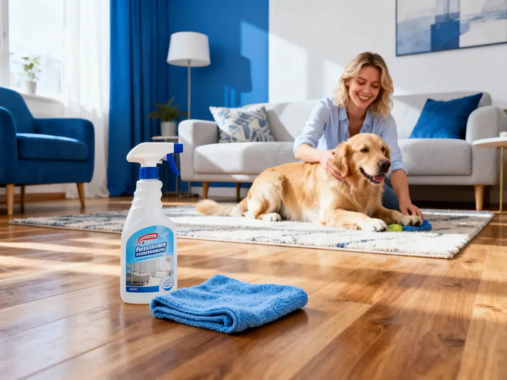 Środki czystości na podłodze w salonie, w którym kobieta bawi się ze swoim golden retrieverem.